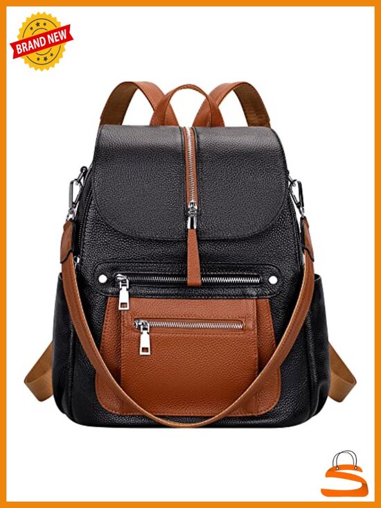 Genuine Leather Backpack Purse with Multi Pockets and Flap main image 5